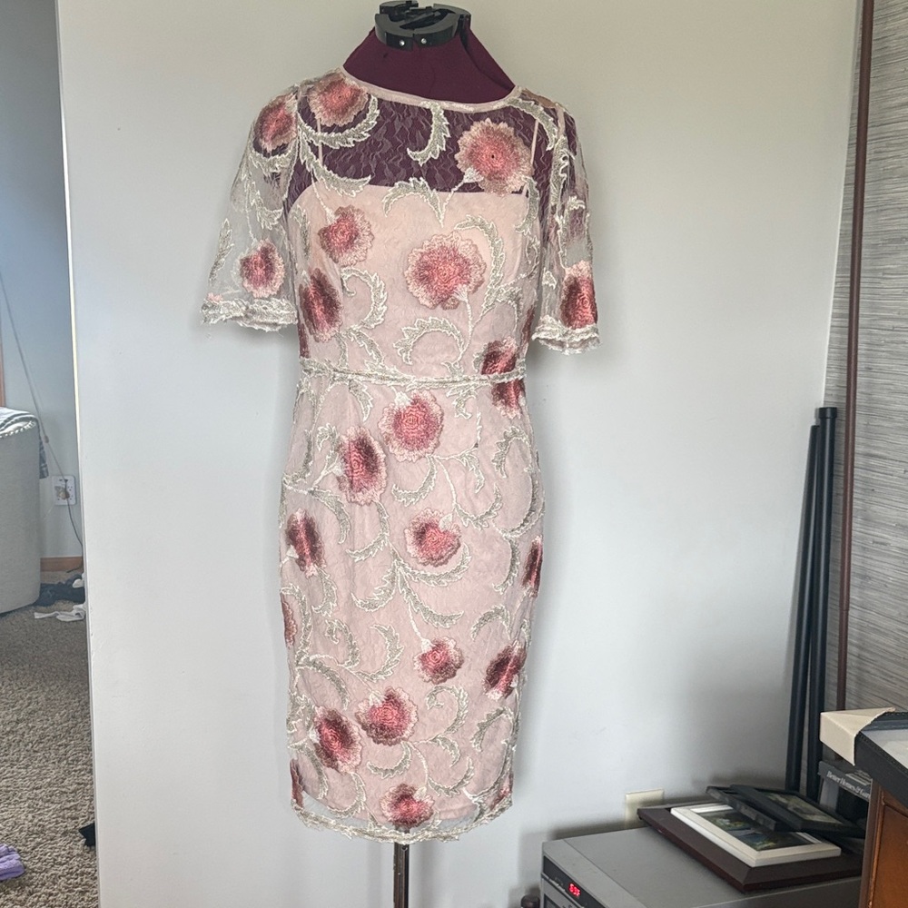 Adrianna Papell Pink Floral Lace Sheath Dress (Size 6)